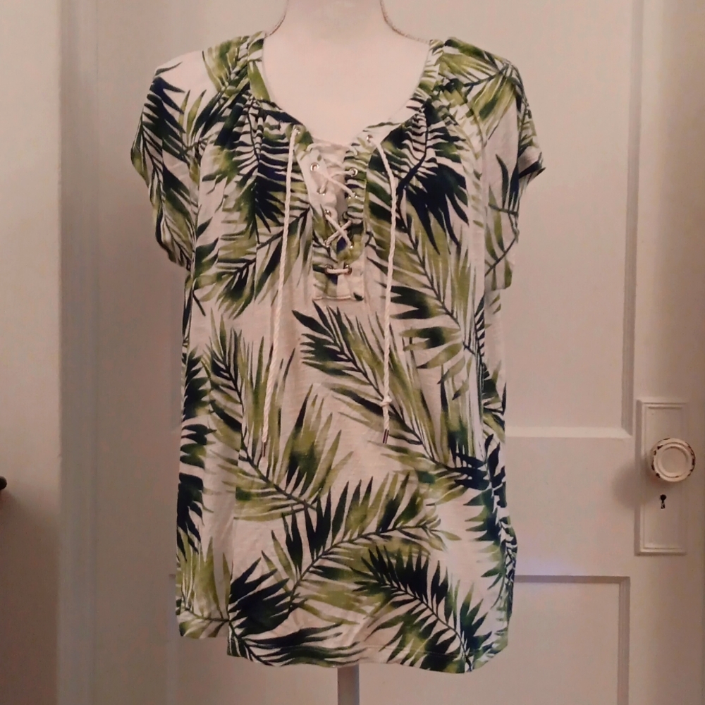 Chaps Olive and White Tropical Print Blouse